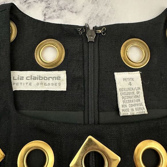 Liz Claiborne Womens Vintage 90s Linen Sheath Dress Size 4 Petite Black Gold - Picture 5 of 9